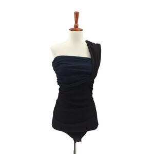 Goldsign Women S Gelsey Bodysuit Black Navy Blue Ribbed One Shoulder Knit Draped